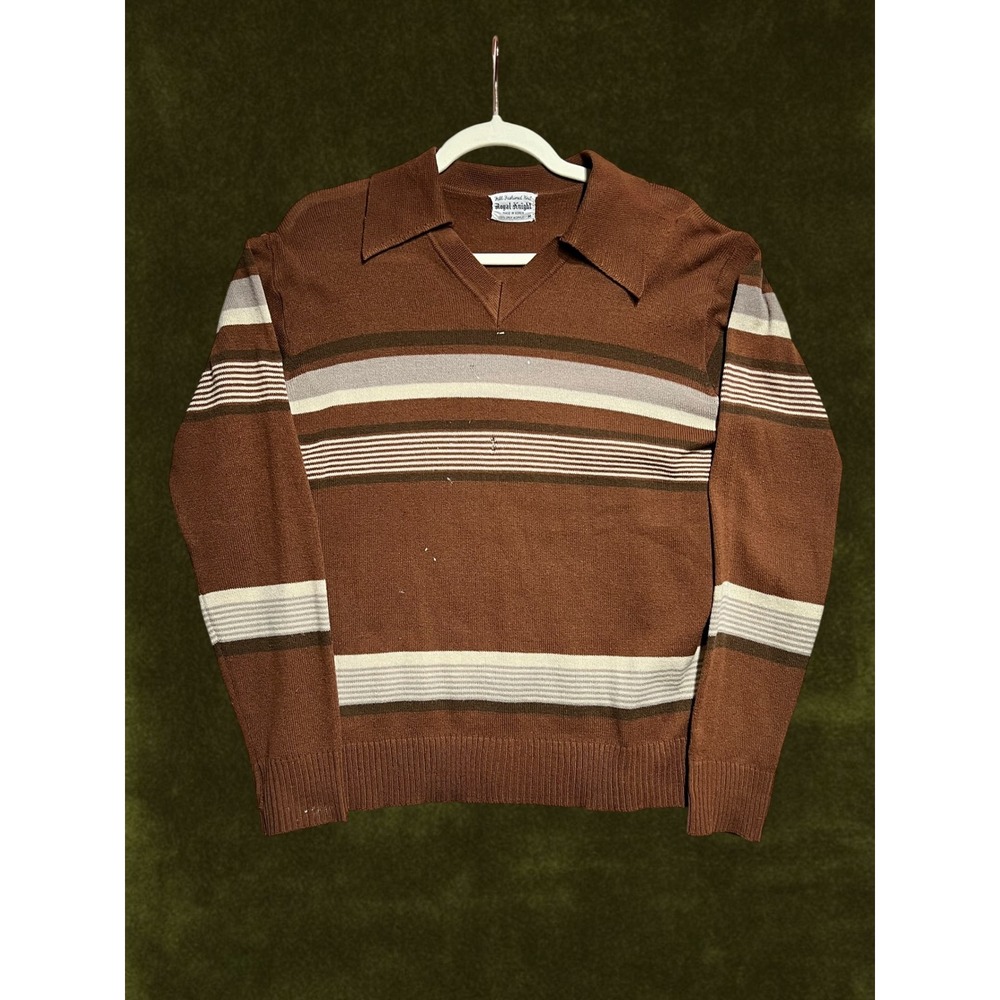 Vintage 70s Royal Knight Brown Striped Knit Sweater Mens Medium Acrylic Korea